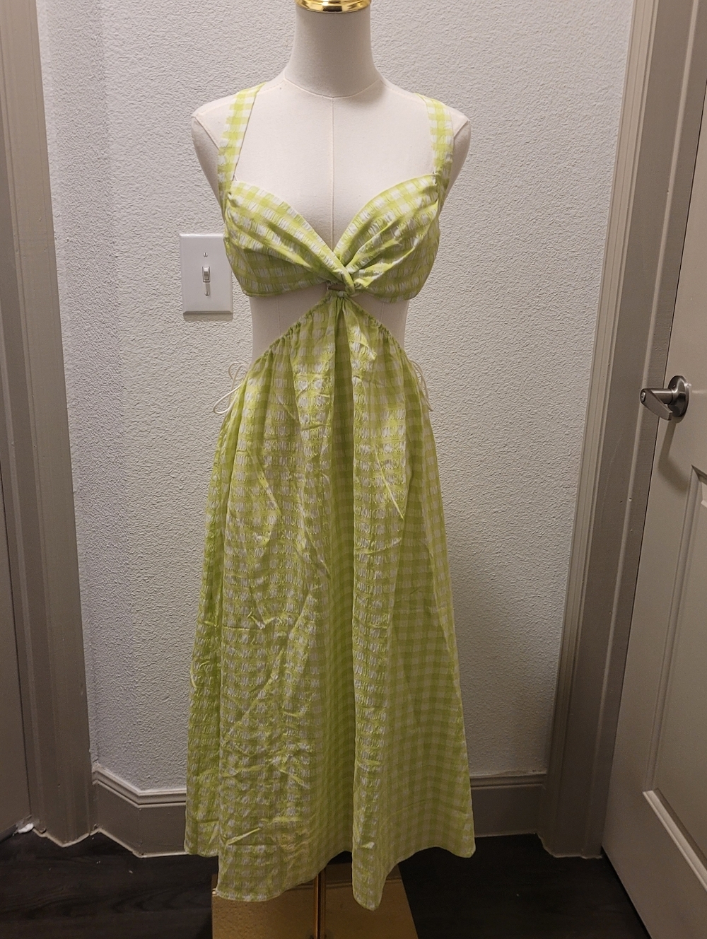 NWT For Love & Lemons Heirloom Midi Dress Lime Green Gingham Cutout M Festival